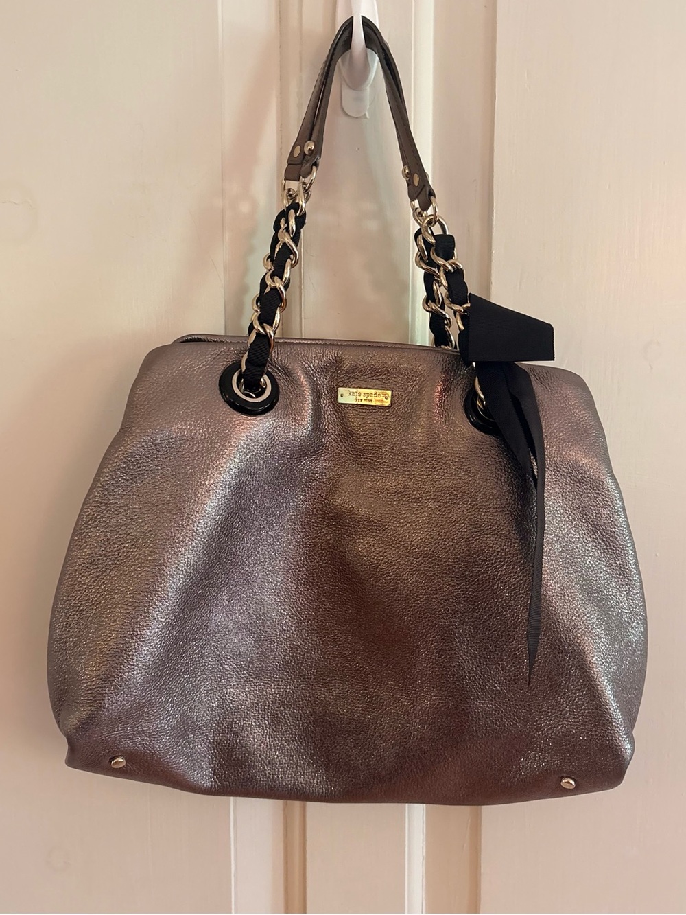 Kate Spade Metallic Pewter Silver Genuine Leather Tote Bag Ribbon Bow Accent